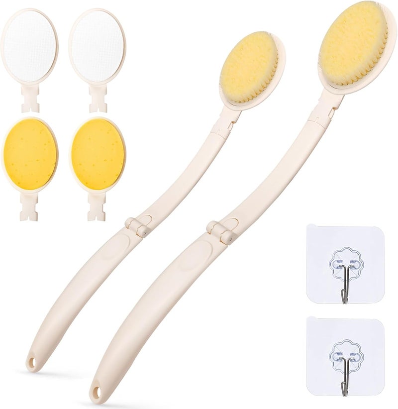 LFJ 19" Long Handle Shower Sponge Brush Set, 3 in 1 Body Brush, Bath Sponge and Lotion Applicator Improved Skin Health, Suitable for Men and Women (White Brush-2P) - Image 1